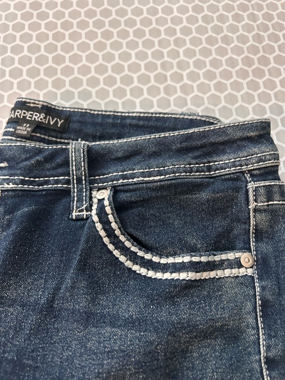Harper & Ivy Dark Blue Boot Cut Jeans with White Embroidered Pocket. Size 11 - Picture 4 of 9